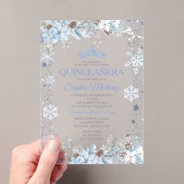 Invitaciones Acrílicas Dusty Blue Christmas Floral Snowflake Quinceañera (Insitu (portátil))