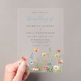 Invitaciones Acrílicas Dusty Blue Colorful Rustic Wildflower Wedding