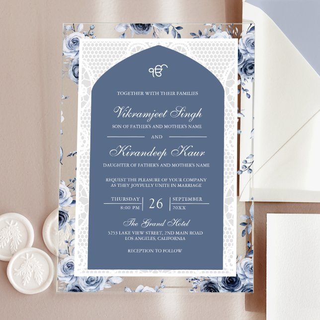 Invitaciones Acrílicas Dusty Blue Floral Anand Karaj Punjabi Sikh Boda (Subido por el creador)