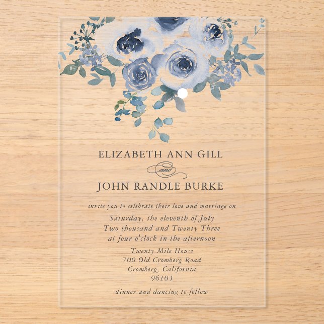 Invitaciones Acrílicas Dusty Blue Floral and Grey Acrylic Invitation (Anverso)