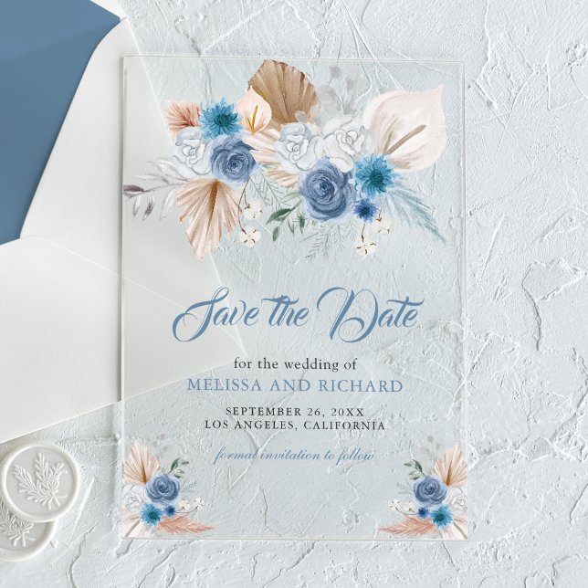 Invitaciones Acrílicas Dusty Blue Floral Boho Boda Save the Date (Subido por el creador)