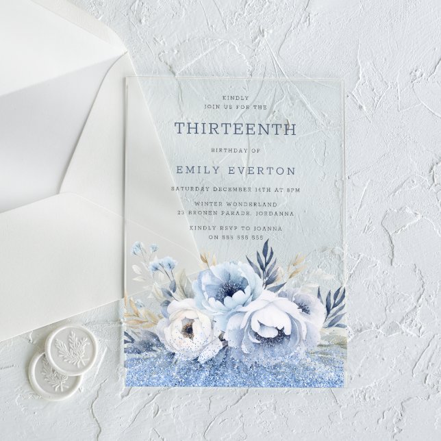 Invitaciones Acrílicas Dusty Blue Floral Chicas 13ª fiesta de cumpleaños (Subido por el creador)