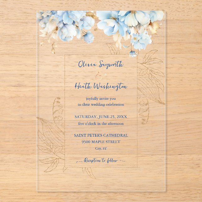 Invitaciones Acrílicas Dusty Blue Floral Gold (Anverso)