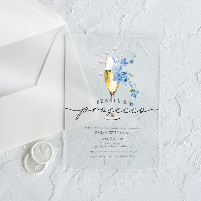 Invitaciones Acrílicas Dusty Blue Floral Pearls & Prosecco Bridal Shower (Subido por el creador)