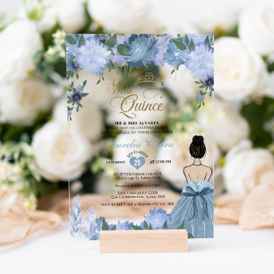 Invitaciones Acrílicas Dusty Blue Floral Princess Mis Quince Quinceañera