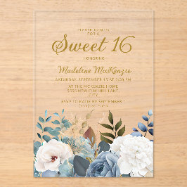 Invitaciones Acrílicas Dusty Blue Floral Sweet 16