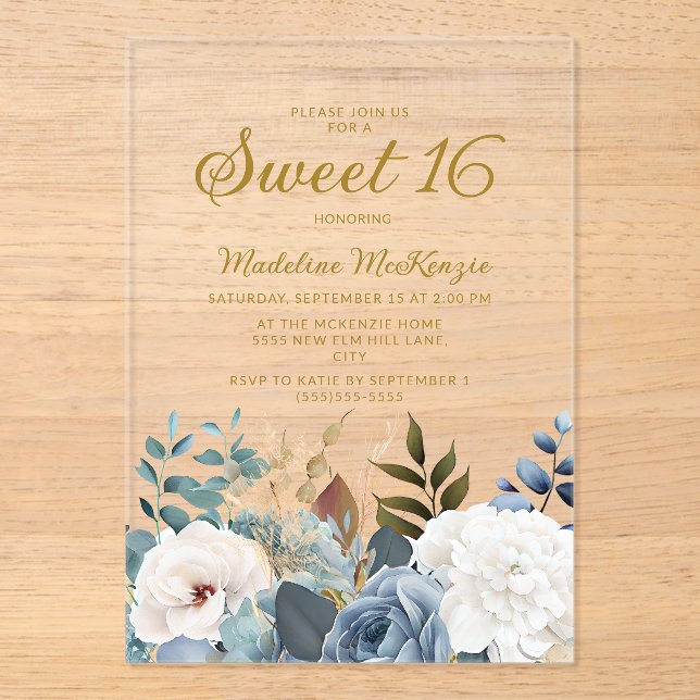 Invitaciones Acrílicas Dusty Blue Floral Sweet 16 (Anverso)