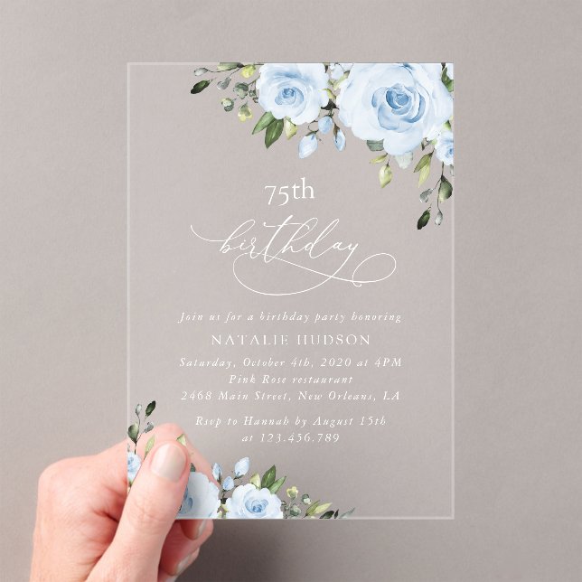 Invitaciones Acrílicas Dusty Blue Flowers, Greenery, Boho, Birthday (Insitu (portátil))