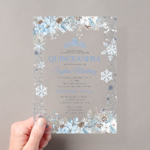 Invitaciones Acrílicas Dusty Blue Navidad Floral Copo de Nieve Quinceañer