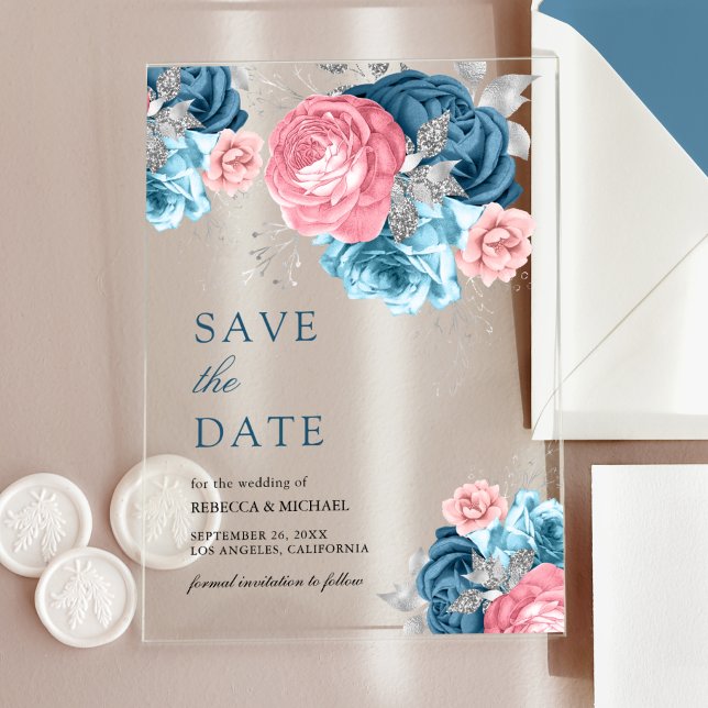 Invitaciones Acrílicas Dusty Blue Pink Floral Rosa Wedding Salva la fecha (Subido por el creador)