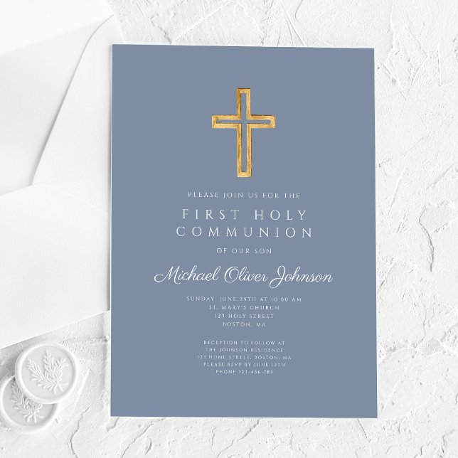 Invitaciones Acrílicas Dusty Blue Religious Cross Boy First Communion (Dusty Blue Religious Cross Boy First Communion Acrylic Invitations)