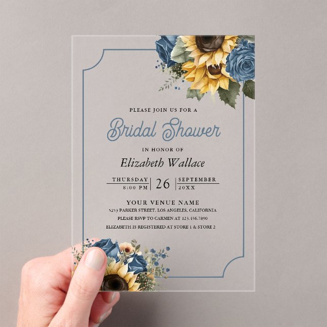 Invitaciones Acrílicas Dusty Blue Roses Sunflowers Photo Bridal Shower (Insitu (portátil))