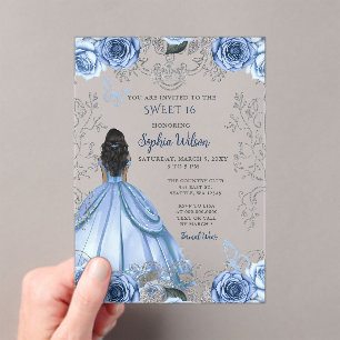Invitaciones Acrílicas Dusty Blue Silver Floral Princess SWEET 16