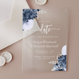Invitaciones Acrílicas Dusty Blue Silver Floral Wedding Save the Date