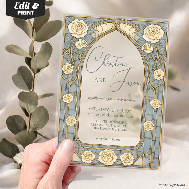 Invitaciones Acrílicas Dusty Blue Stained Glass Whimsical Floral Wedding  (Dusty Blue Stained Glass Whimsical Floral Wedding Acrylic Invitations)