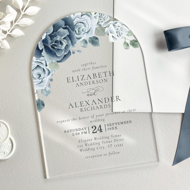 Invitaciones Acrílicas Dusty Blue Watercolor Floral Elegante Boda (Subido por el creador)