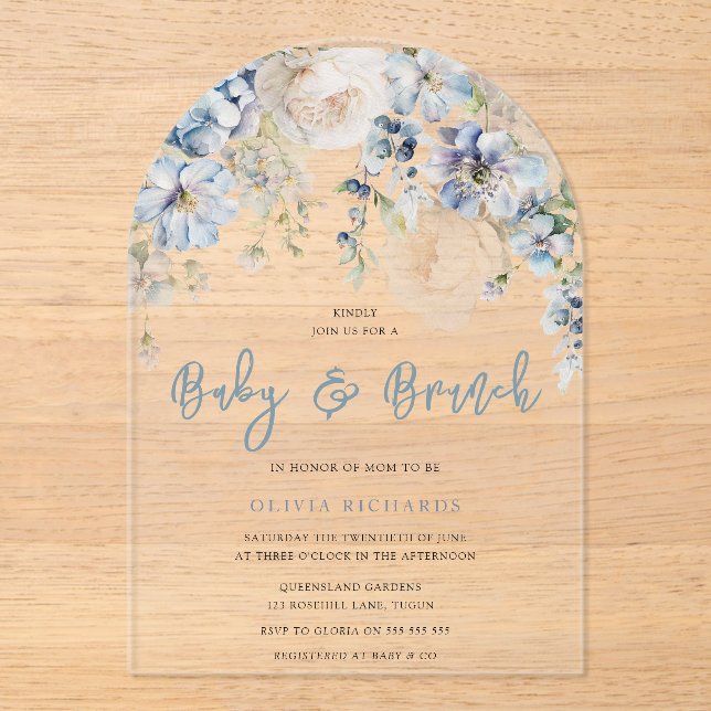 Invitaciones Acrílicas Dusty Blue & White Floral Baby Shower Brunch (Anverso)