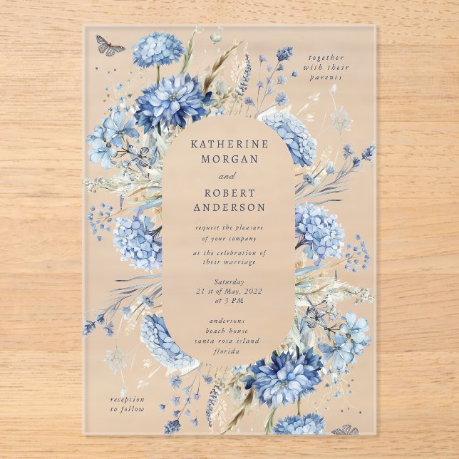 Invitaciones Acrílicas Dusty Blue Wildflower Wedding Invitation (Anverso)