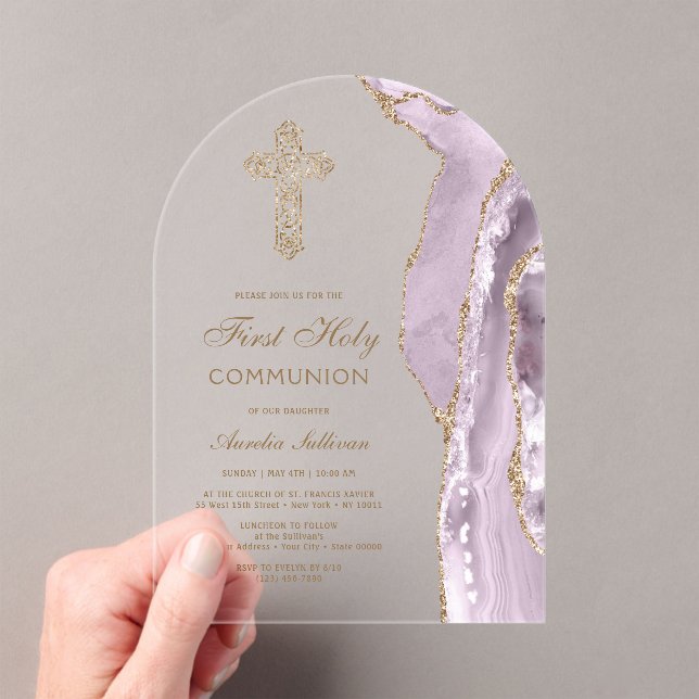 Invitaciones Acrílicas Dusty Lilac Agate First Communion (Insitu (portátil))