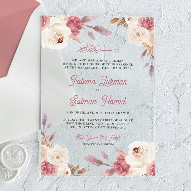Invitaciones Acrílicas Dusty Mauve Pink Floral Islamic Muslim Wedding (Subido por el creador)