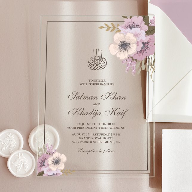 Invitaciones Acrílicas Dusty Mauve Pink Floral Islamic Muslim Wedding (Subido por el creador)