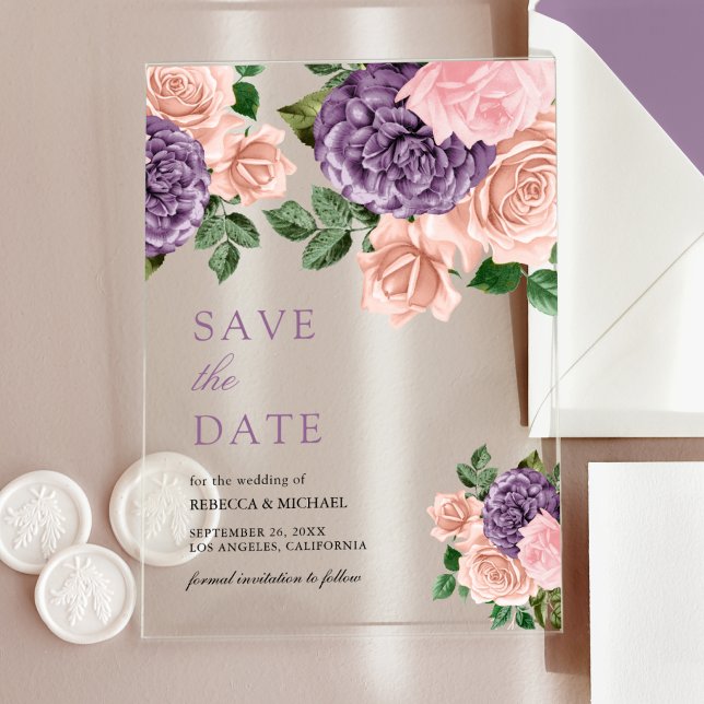 Invitaciones Acrílicas Dusty Peach Purple Floral Wedding Save the Date (Subido por el creador)