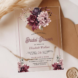 Invitaciones Acrílicas Dusty Pink Burgundy Floral Bridal Shower