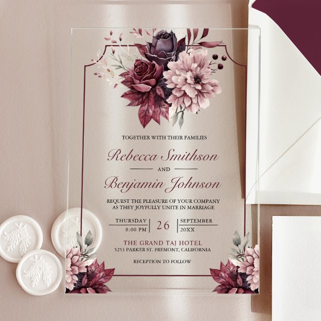 Invitaciones Acrílicas Dusty Pink Burgundy Floral Frame Wedding (Subido por el creador)