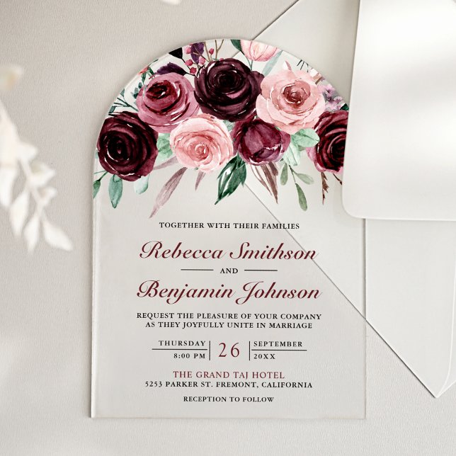 Invitaciones Acrílicas Dusty Pink Burgundy Floral Wedding (Subido por el creador)