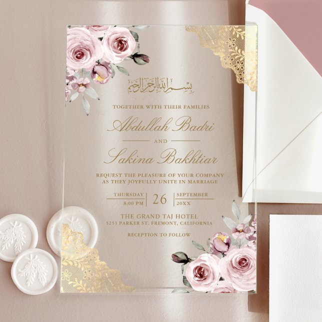 Invitaciones Acrílicas Dusty Pink Roses Gold Lace Muslim Wedding (Subido por el creador)