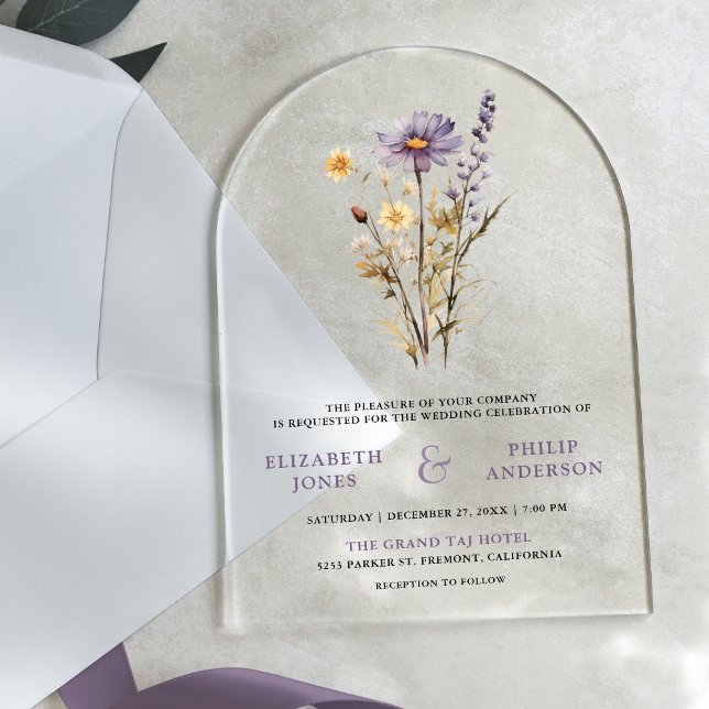 Invitaciones Acrílicas Dusty Purple Boho Wildflower Wedding (Subido por el creador)