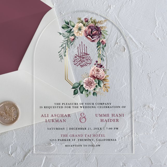 Invitaciones Acrílicas Dusty Purple Gold Floral Crest Muslim Wedding (Subido por el creador)