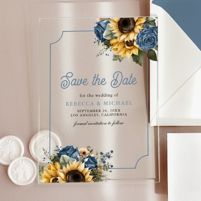 Invitaciones Acrílicas Dusty Rosas azules girasoles boda para salvar la f (Subido por el creador)