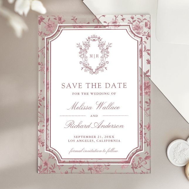 Invitaciones Acrílicas Dusty Rose Chinoiserie Crest Wedding Save the Date (Subido por el creador)