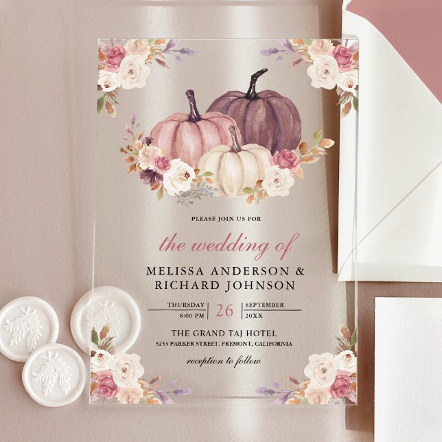 Invitaciones Acrílicas Dusty Rose Pink Pumpkin and Ivory Floral Wedding (Subido por el creador)