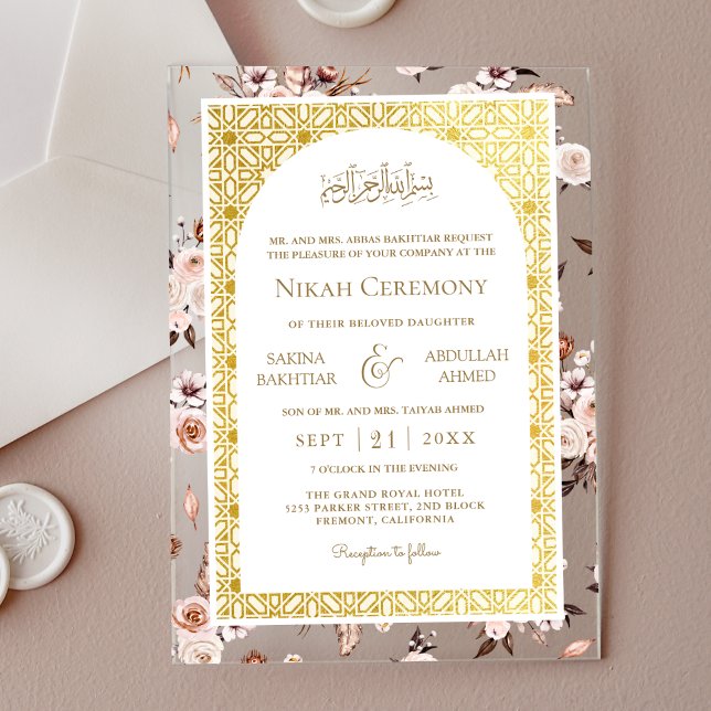 Invitaciones Acrílicas Earam Cream Floral Gold Pattern Boda musulmana (Subido por el creador)