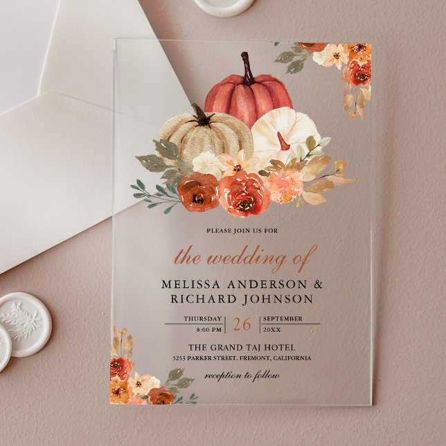 Invitaciones Acrílicas Earthy Burnt Orange Floral Pumpkin Wedding (Subido por el creador)