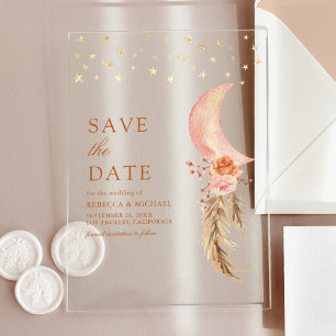 Invitaciones Acrílicas Earthy Floral Crescent Moon Wedding Save the Date