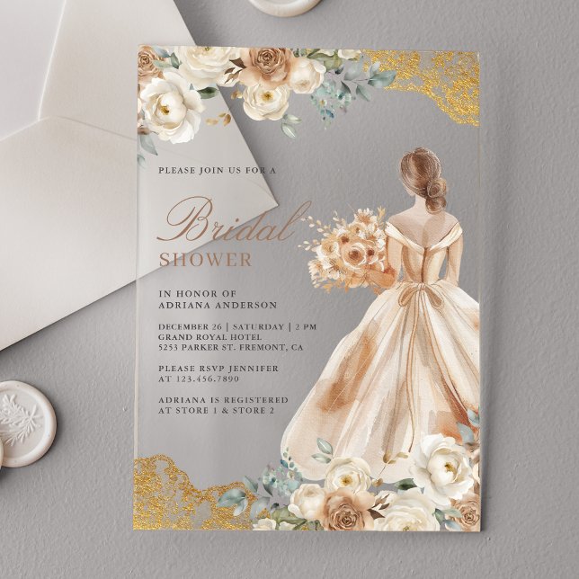Invitaciones Acrílicas Earthy Floral Gold Lace Gown Dress Bridal Shower (Subido por el creador)