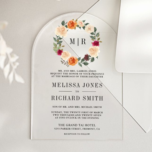 Invitaciones Acrílicas Earthy Floral Wreath Wedding (Subido por el creador)