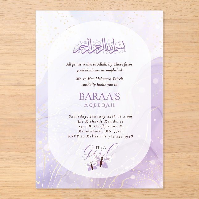 Invitaciones Acrílicas Editable Aqiqah for Baby  It’s a Girl (Anverso)