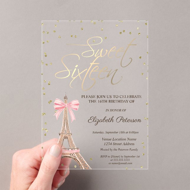 Invitaciones Acrílicas Eiffel Tower Bow Gold Diamonds Black Sweet 16  (Insitu (portátil))