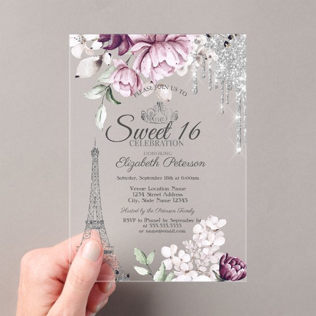 Invitaciones Acrílicas  Eiffel Tower,Drips,Lilac Flowers Sweet 16   (Insitu (portátil))