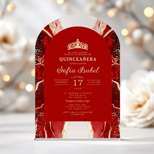 Invitaciones Acrílicas El Agate de Oro Rojo de Quinceañera elegante (Subido por el creador)