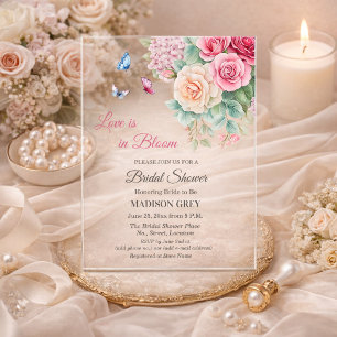 Invitaciones Acrílicas El amor está en flor Ducha de Novia Mariposas