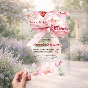 Invitaciones Acrílicas El amor está en flor flores lazo rosa Despedida de