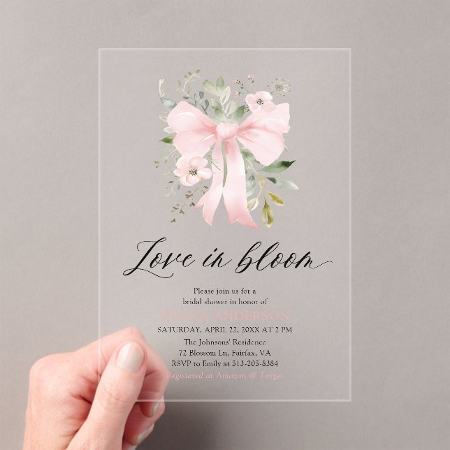 Invitaciones Acrílicas El amor floral rosado moderno en ducha de novias e (Insitu (portátil))