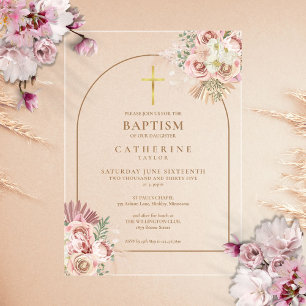 Invitaciones Acrílicas El bautismo de los Chicas de Grass Gold Pampas