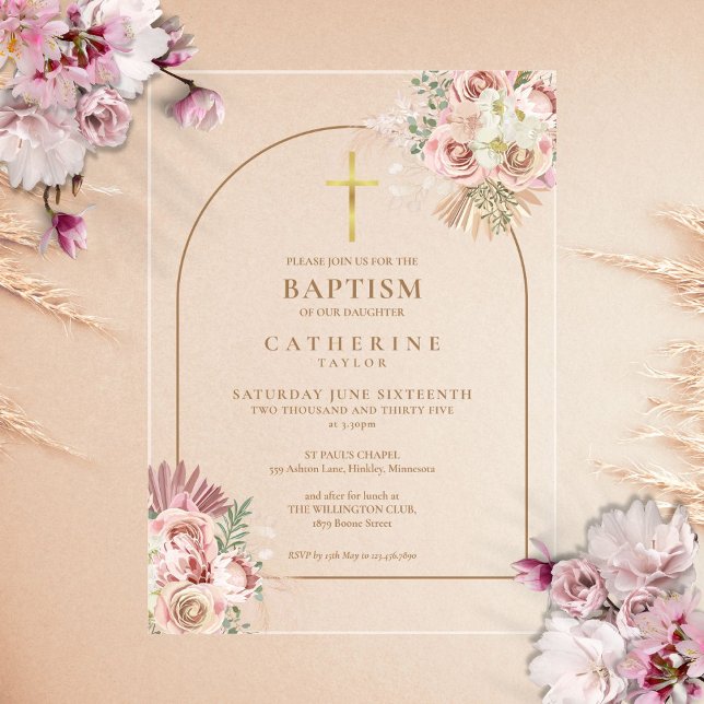 Invitaciones Acrílicas El bautismo de los Chicas de Grass Gold Pampas (Pink Gold Pampas Grass Girl Baptism Christening Acrylic Invitations)