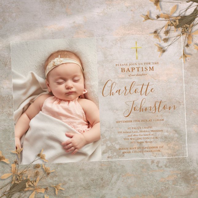 Invitaciones Acrílicas El bautismo moderno cristiano en la imagen de guió (Modern Baptism Christening Golden Script Photo Acrylic Invitations)